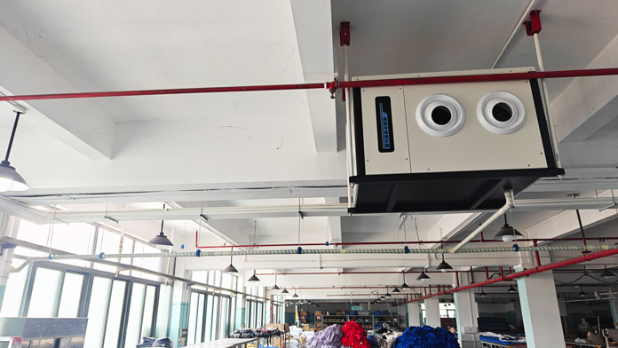 制衣廠整體制冷降溫，應(yīng)用蒸發(fā)冷省電空調(diào)-臥式射流機(jī)組